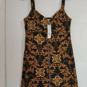 Women's Topshop Black Denim Mini Dress with Gold Chains Print .Size US 8 medium